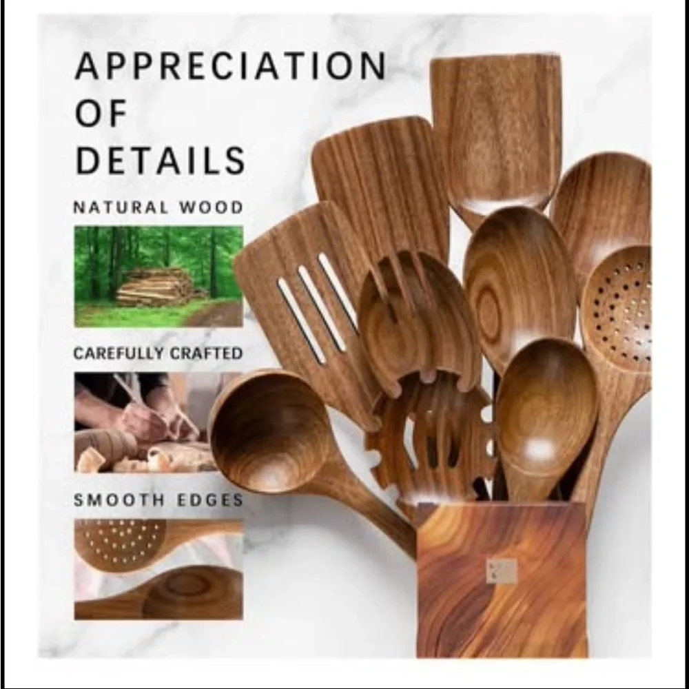 Wooden Cooking Utensil 10 Piece Acacia Wood Set - Picture 4 of 5